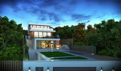 3d rendering of a modern house on a slope. House with paths. panoramic windows. Exterior. wooden facade