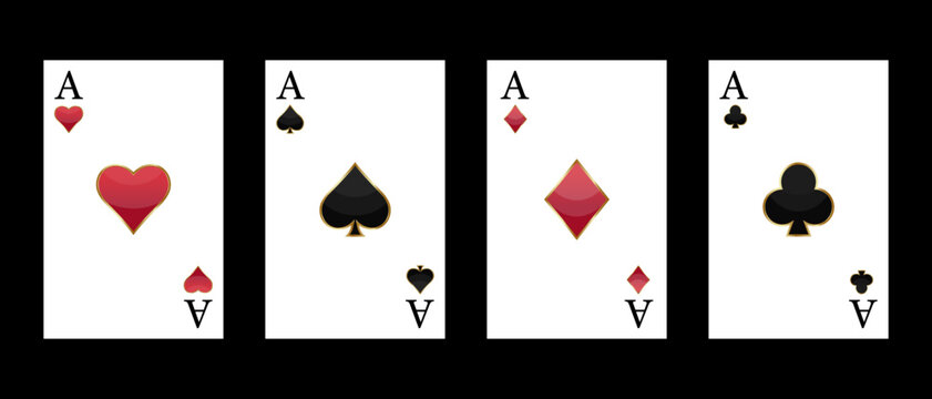 Casino player cards set. Poker club game. Player cards sets deck spread 4 aces royal. Vector illustration
