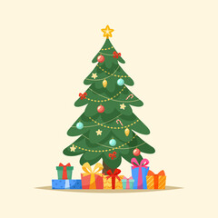 Decorated christmas tree with holiday gift boxes, decoration balls, lights and stars. Vector flat illustration