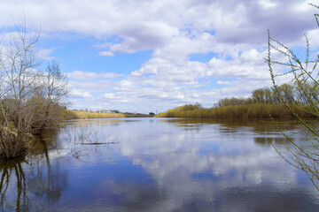 Spring landscape with trees by the river and picturesque cloudy sky. Early spring