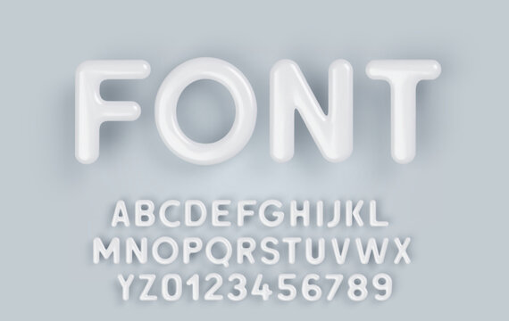 3D White plastic alphabet with a glossy surface on a gray background.