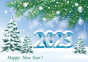 Merry Christmas and Happy New Year 2023 greeting card with winter snowy nature. Vector illustration