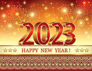 Happy New Year 2023 greeting card with numbers 2023 in gold and red colors. Holiday background with fireworks is decorated ribbon and ornament. 3d vector illustration