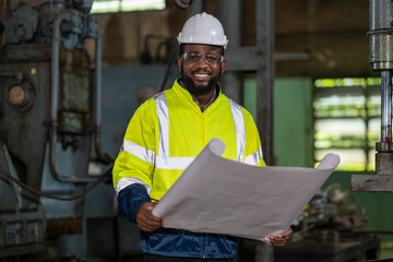 Portrait of African American male engineer worker working with factory building blueprint in the...