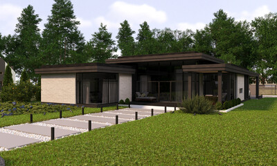 Fototapeta na wymiar Modern one-story house with a carport. House with panoramic windows. Brick facade. Exterior. 3D visualization