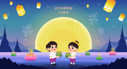 Loy Krathong Festival background vector illustration. Night landscape with kids in Thai traditional costume.