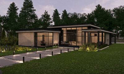 Fototapeta na wymiar House with pool in modern style. Facade lighting. House on a beautiful lot. 3D visualization of the house. Evening illumination