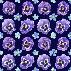 Watercolor spring flowers - forget me nots and pansies. Seamless pattern, botanical illustration
