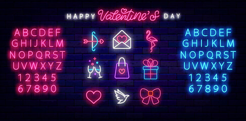 Valentines day neon icons collection. Love lettering. Heart, gift and ring. Special offer. Vector stock illustration