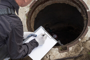 A male plumber near a water well records the measurements taken and the readings of the water meter.