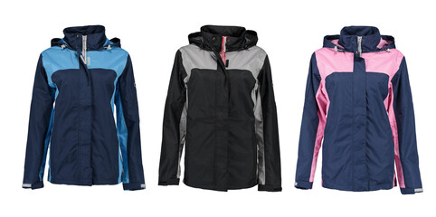 Collection of raincoats on a white background.Isolated image on a green background. Nobody. Front...