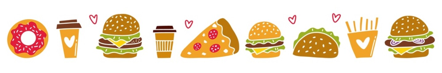 Horizontal illustration with a quick meal hand-drawn in the style of a doodle