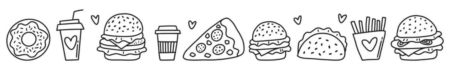 Horizontal illustration with a quick meal hand-drawn in the style of a doodle