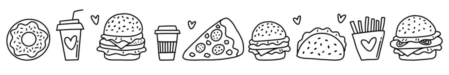 Vector horizontal illustration with fast food hand-drawn in doodle style