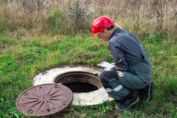 A male plumber in overalls and a helmet near a water well writes down the measurements taken and...