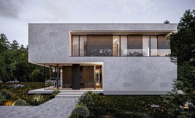 Modern villa with panoramic windows and a terrace. Exterior. Evening illumination of the facade. Tree through the canopy. House in the forest. 3D visualization