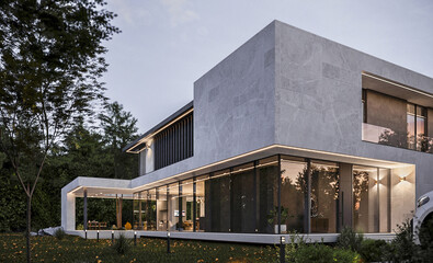 Modern villa with panoramic windows and a terrace. Exterior. Evening illumination of the facade. Tree through the canopy. House in the forest. 3D visualization