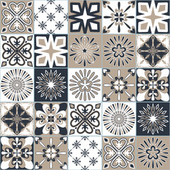 Spanish ceramic tiles dark gray beige color, decorative wall decoration in bathroom, vector illustration