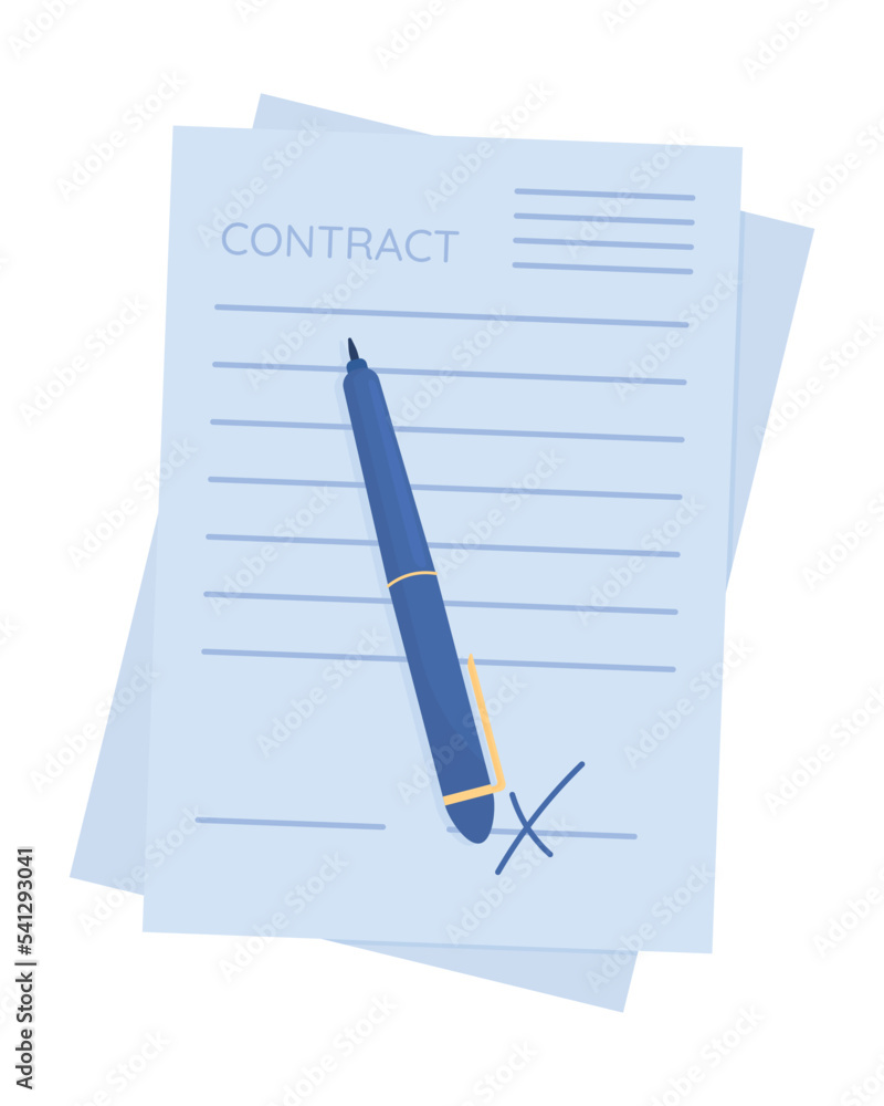 Poster contract with pen semi flat color vector object. business deal. editable element. full sized item on