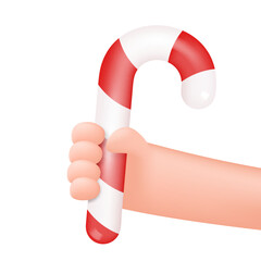 Cartoon Hand Holding Christmas Candy Cane Isolated on White Background. Human Arm Hold Lollipop. Vector 3d Illustration