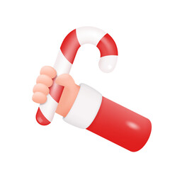 Santa Hand Holding Christmas Candy Cane Isolated on White Background. Human Arm Hold Lollipop. Vector 3d Illustration
