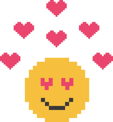 Pixel art emoticon in love with hearts. Illustration