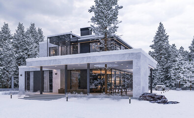 Modern villa with panoramic windows and a terrace. Exterior in the snow. Winter area. Evening illumination of the facade. Tree through the canopy. House in the forest. 3D visualization
