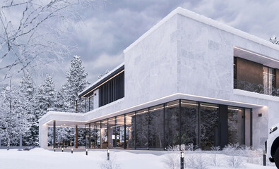 Fototapeta na wymiar Modern villa with panoramic windows and a terrace. Exterior in the snow. Winter area. Evening illumination of the facade. Tree through the canopy. House in the forest. 3D visualization