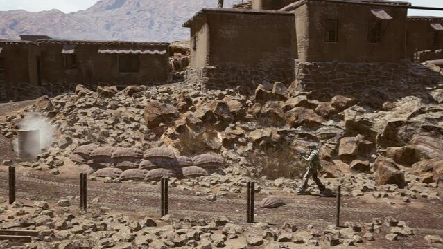 Armed Sentrie Walks Battlefield in the Village Desert Environement 3D Rendering Animations CGI 4K
