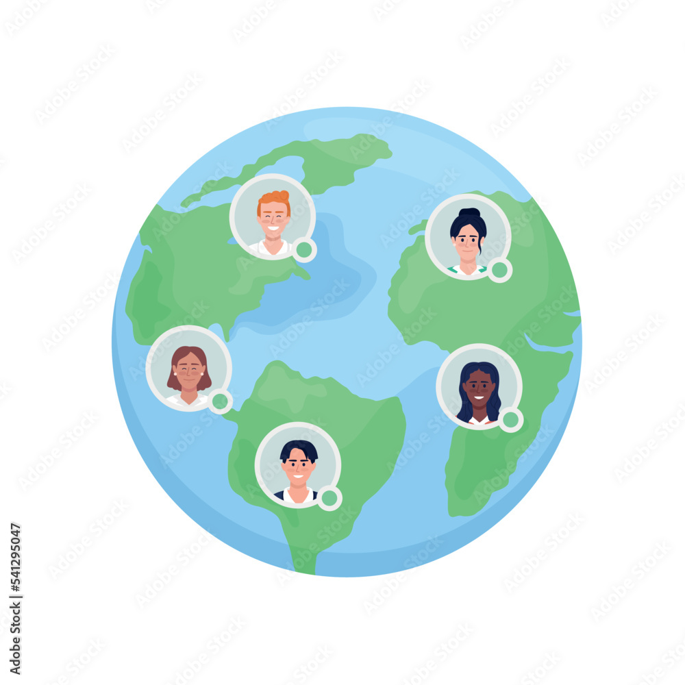 Poster overseas employees semi flat color vector element. international colleagues. editable full sized obj