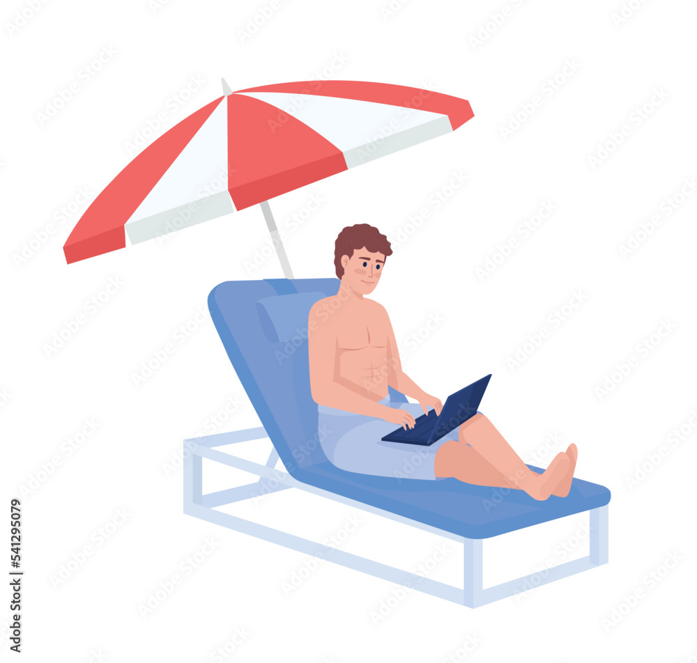 Poster man working on beach semi flat color vector character. digital nomad with laptop. editable figure. f