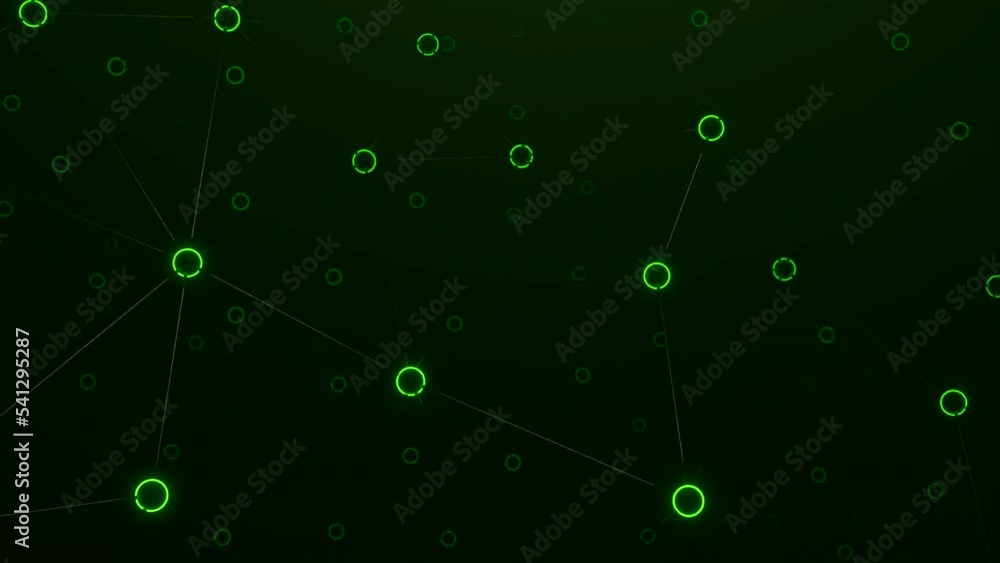 Poster green and orange dark background. design.connected highlighting circles in abstraction that fly in d