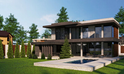 Modern house with swimming pool and carport. House with panoramic windows. 3D visualization