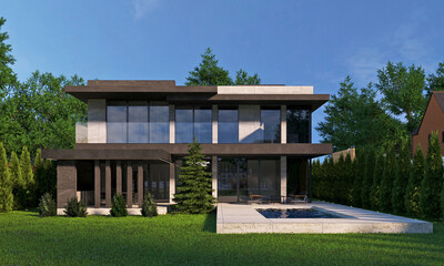 Modern house with swimming pool and carport. House with panoramic windows. 3D visualization
