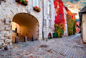 Autumnal morning in old district of European town