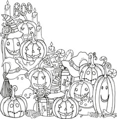 Set of Halloween symbols pumpkin, broom, bat, spider. Black and white doodle. Coloring book page. 