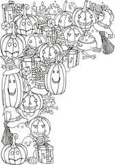 Set of Halloween symbols pumpkin, broom, bat, spider. Black and white doodle. Coloring book page. 