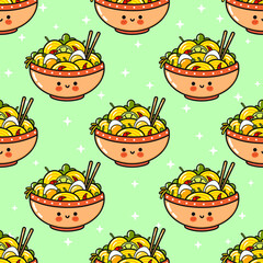 Cute funny ramen bowl pattern. Vector hand drawn cartoon kawaii character illustration icon. Ramen bowl character concept