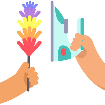 Household appliances, electronic device for ironing. Home appliance for dust cleaning vector illustration. Clothing care, daily routine, housework concept. Human hands with iron and pipidaster