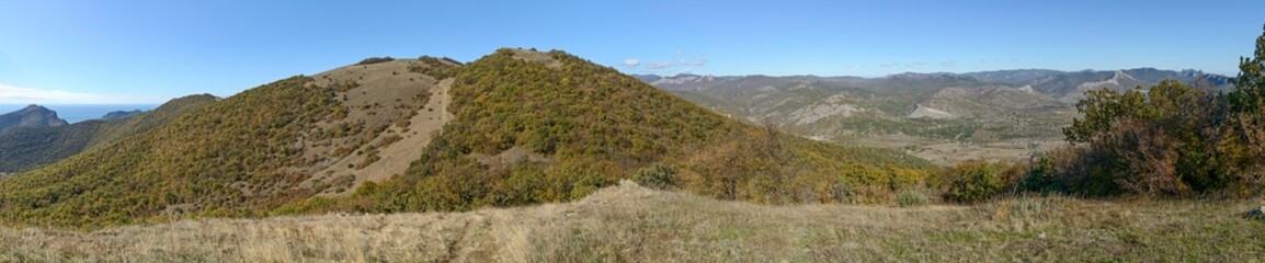 Fototapeta na wymiar Panorama of Perchem Mountain tops, Sudak, Crimea, Russia.