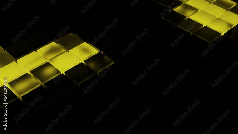 Poster surfaces with moving flashing squares on black background. design. glowing music buttons move in dar