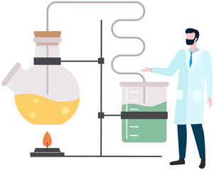 Male scientist makes laboratory analysis with equipment. Idea of education, chemistry, science. Chemist conducting scientific experiment, chemical research with liquid in flask vector illustration
