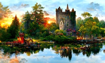 Obraz premium Beautiful natural landscape of old castle surrounded by forest against the backdrop of a dramatic sunset, reflected on the water surface of the river. Digital painting illustration