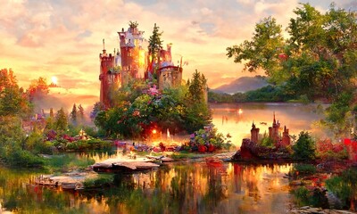 Beautiful natural landscape of old castle surrounded by forest against the backdrop of a dramatic sunset, reflected on the water surface of the river. Digital painting illustration