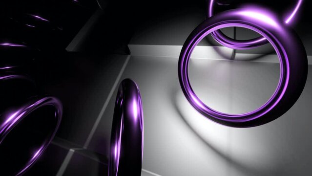 Spinning and levitating purple metal rings above the silver surface. Design. Rotating glowing circle silhouettes.