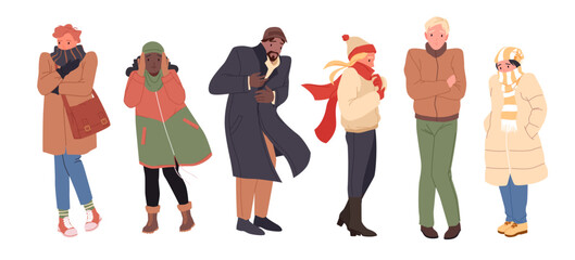 Fototapeta premium Frozen people in casual outerwear in cold season set vector illustration. Cartoon isolated sad male and female characters wearing warm jacket, hat and gloves, suffering from low temperature outdoor