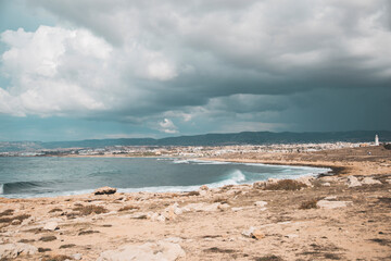 Ocean, sea with cliffs, waves in the sea, coastline, summertime, beach landscape