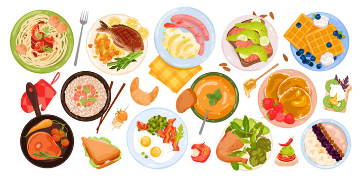 Tasty Food Set Vector Illustration. Cartoon Isolated Cereal Breakfast With Fruit In Bowl, Avocado And Salmon Morning Toast, Fried Bacon And Eggs, Fish And Meat With Vegetables In Pan Top View