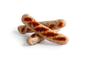 Grilled sausages isolated on white background with rosemary, pepper. Barbecue, BBQ.