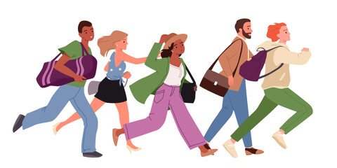 People run in hurry vector illustration. Cartoon isolated diverse crowd of young active adult characters running fast, man and woman in casual clothes rush on urgent goals, buyers run on shopping